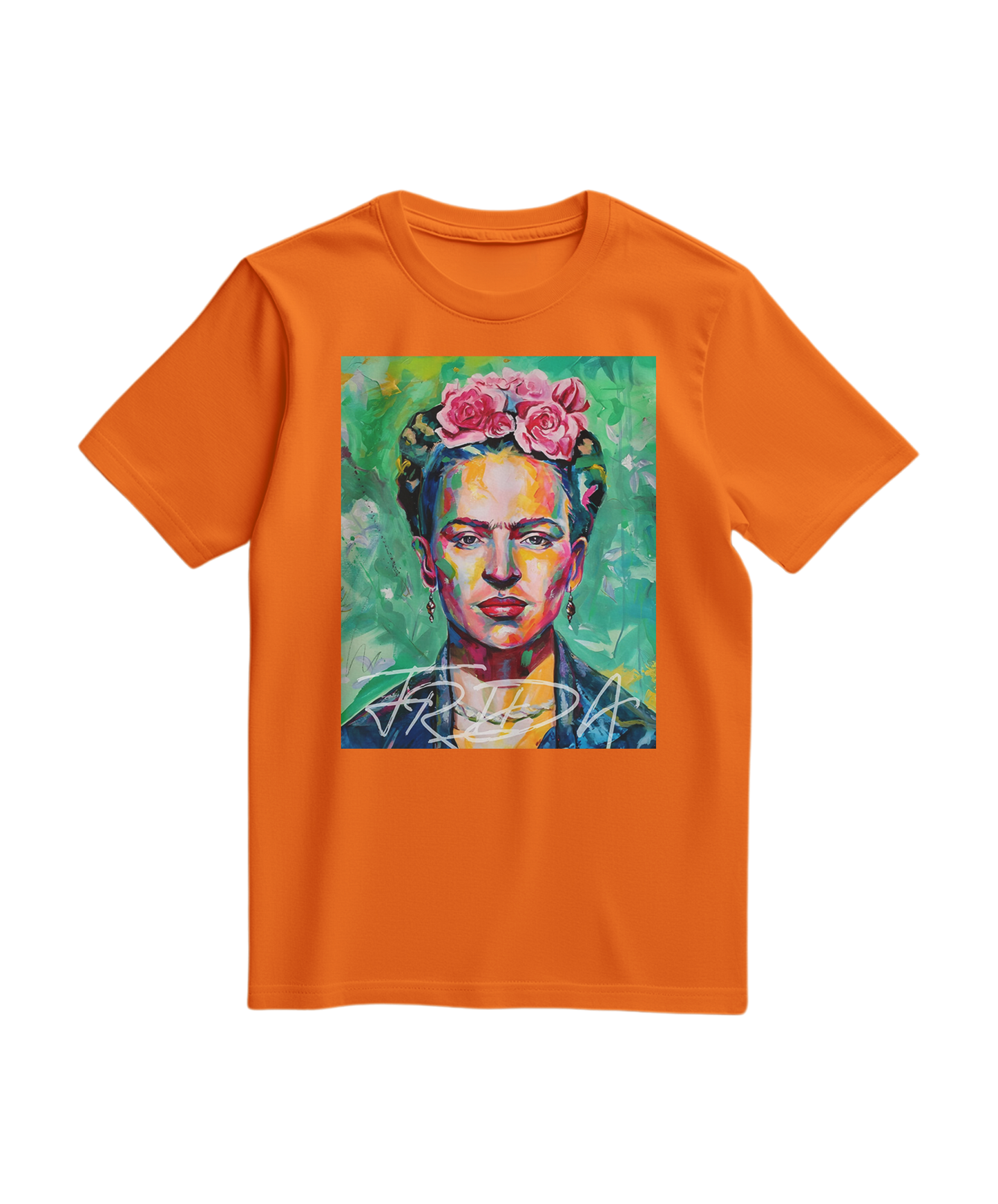 Camiseta Kahlo Chromatic da Camalestore em laranja, com design artístico de Frida Kahlo, vista de frente sobre fundo branco