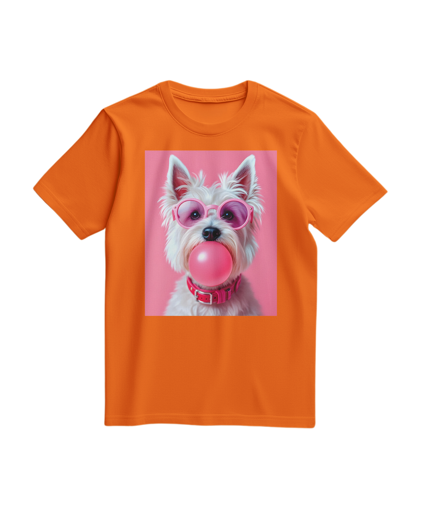 Camiseta Bubble Terrier da Camalestore, t-shirt laranja com estampa de cachorro terrier em destaque, vista frontal.