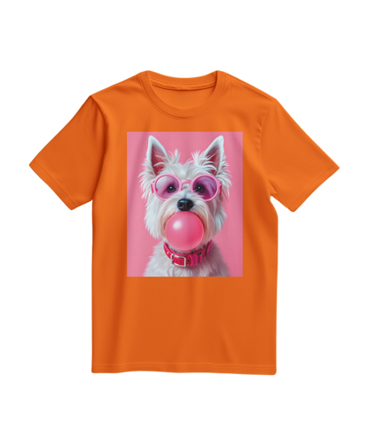 Camiseta Bubble Terrier da Camalestore, t-shirt laranja com estampa de cachorro terrier em destaque, vista frontal.
