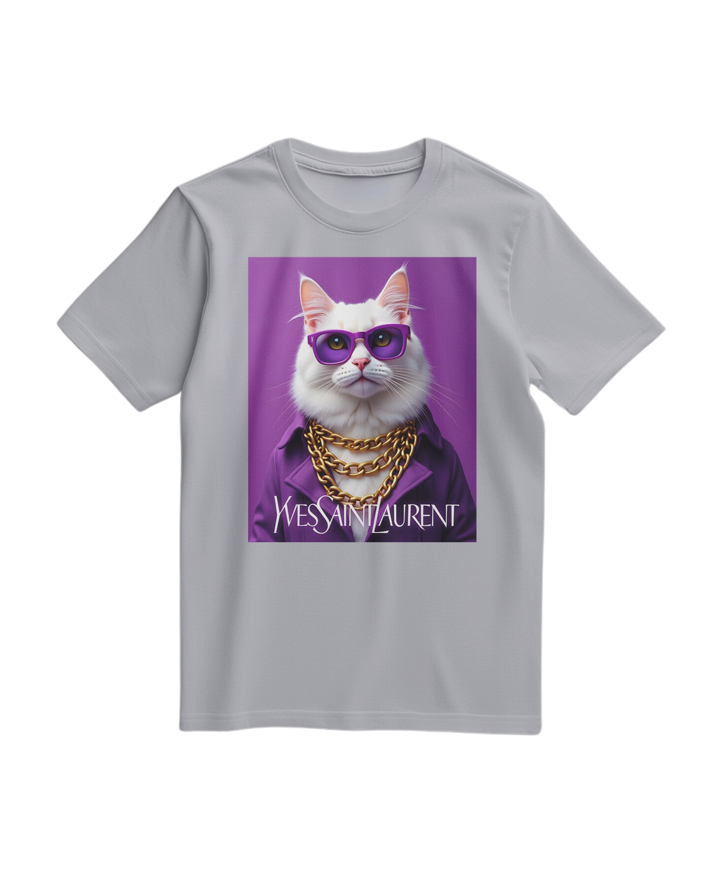 T-shirt cinza Glamour Cat da Camalestore com estampa de gato elegante, vista frontal.