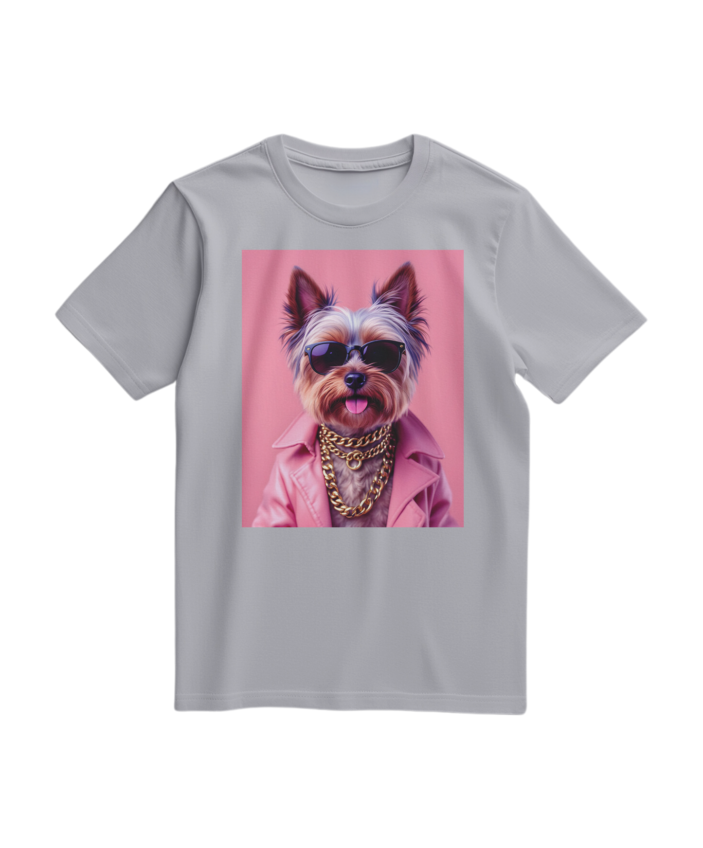 Camalestore camiseta cinza com estampa de rua e ícone de Yorkshire Terrier, design casual e confortável.