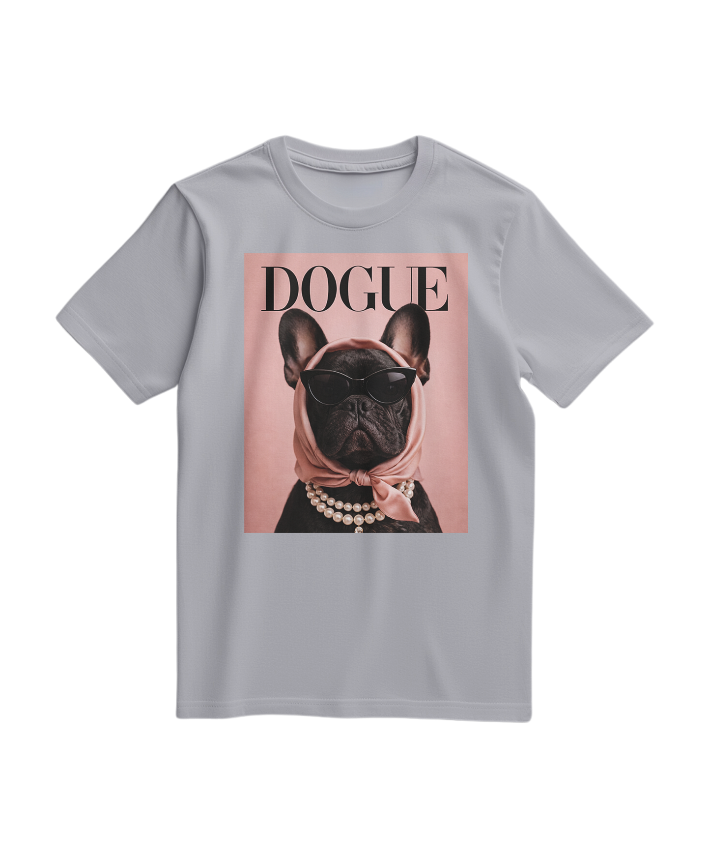 Camiseta cinza The Frenchie Muse da Camalestore, T-shirt de algodão com estampa de cachorro French Bulldog.