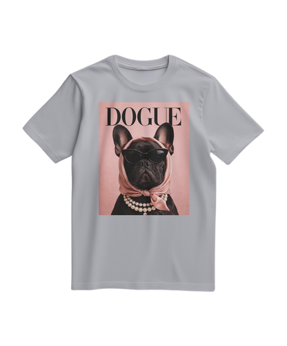 Camiseta cinza The Frenchie Muse da Camalestore, T-shirt de algodão com estampa de cachorro French Bulldog.