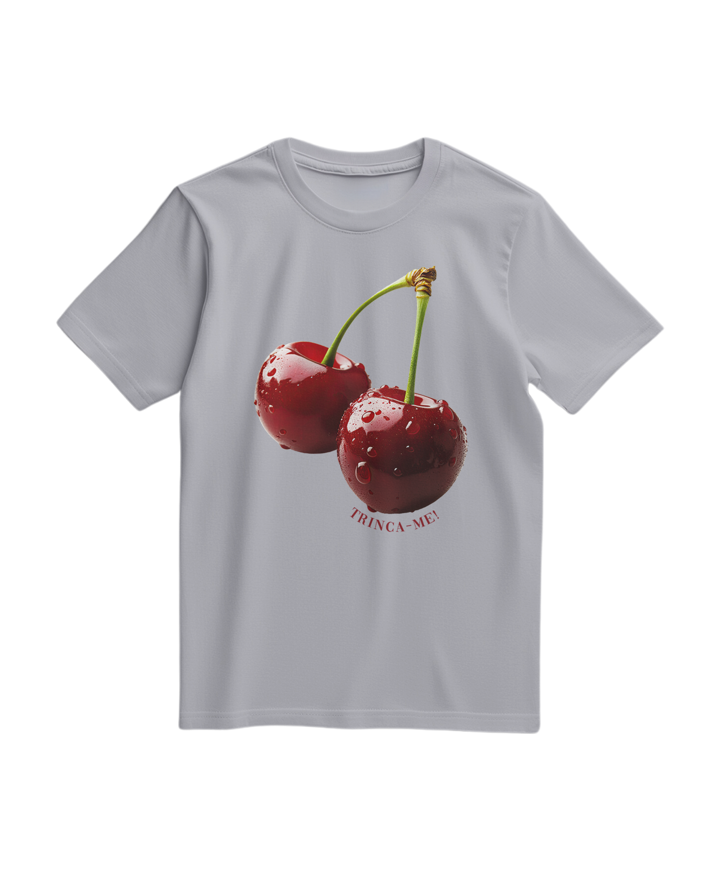 Camiseta cinza com estampa de cereja mordida, estilo casual da Camalestore, vista frontal em fundo neutro.