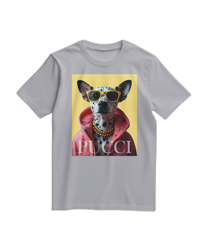 Camalestore T-shirt cinzento com estampa de dálmata hip, tecido confortável e design casual para uso diário