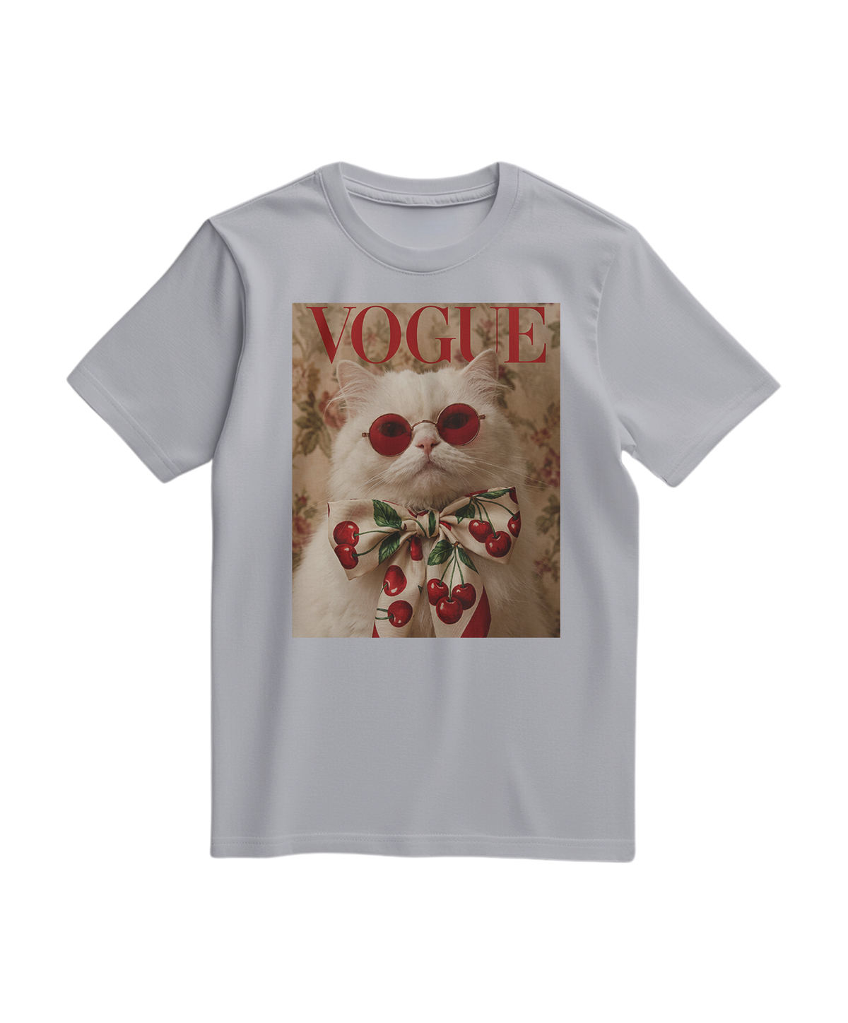 Camiseta cinza Velvet Cherry da Camalestore, com estampa de cereja e tecido macio, vista frontal em close.