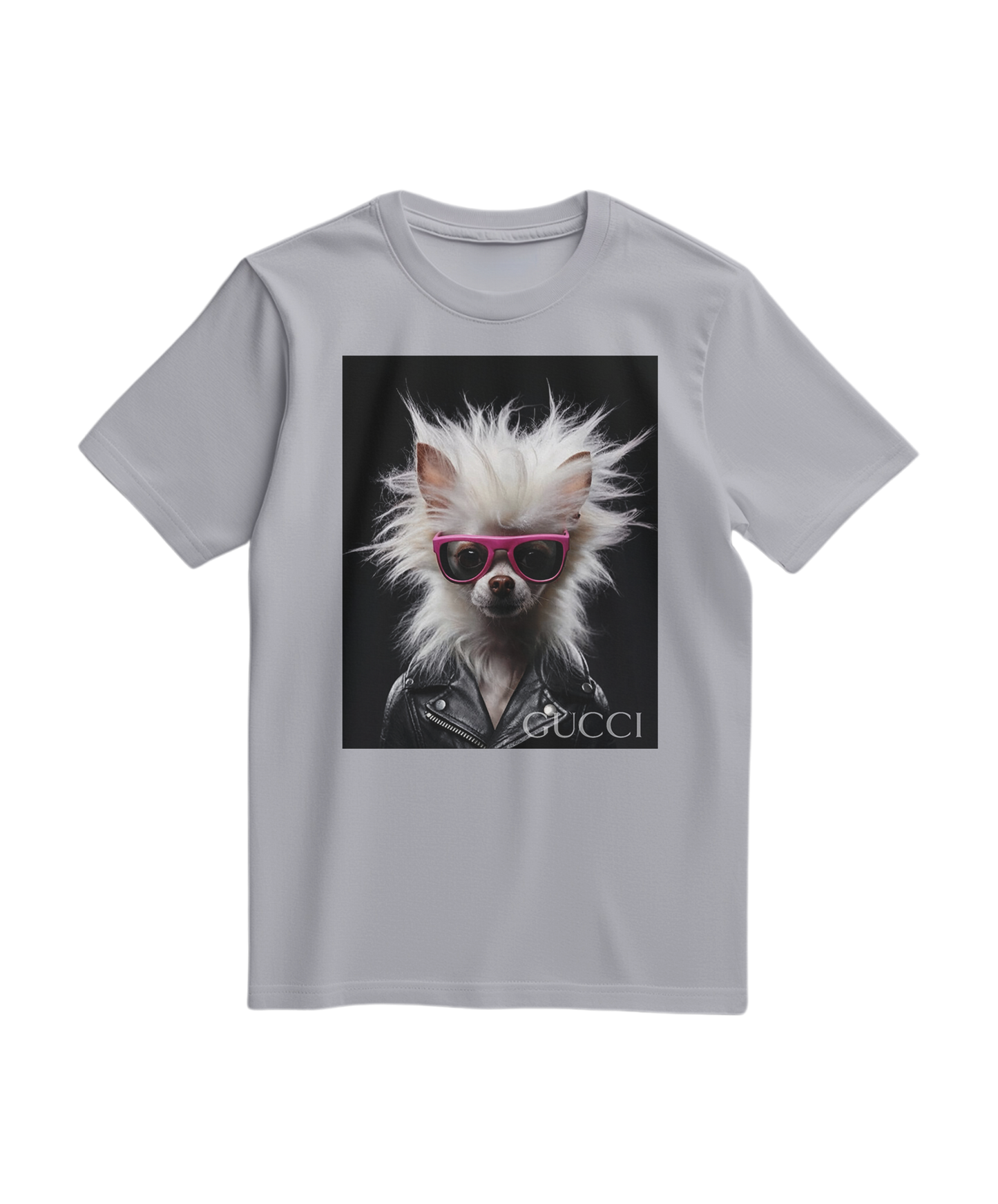 Camalestore T-shirt Rebel Fur cinza, camiseta de algodão com design moderno, vista frontal com detalhes na gola e mangas.