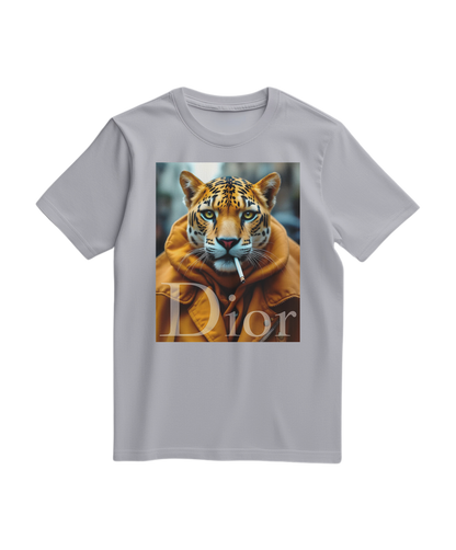 Camiseta cinza Jaguar Raw da Camalestore, estilo casual, com estampa de jaguar na frente, tecido confortável, vista frontal.