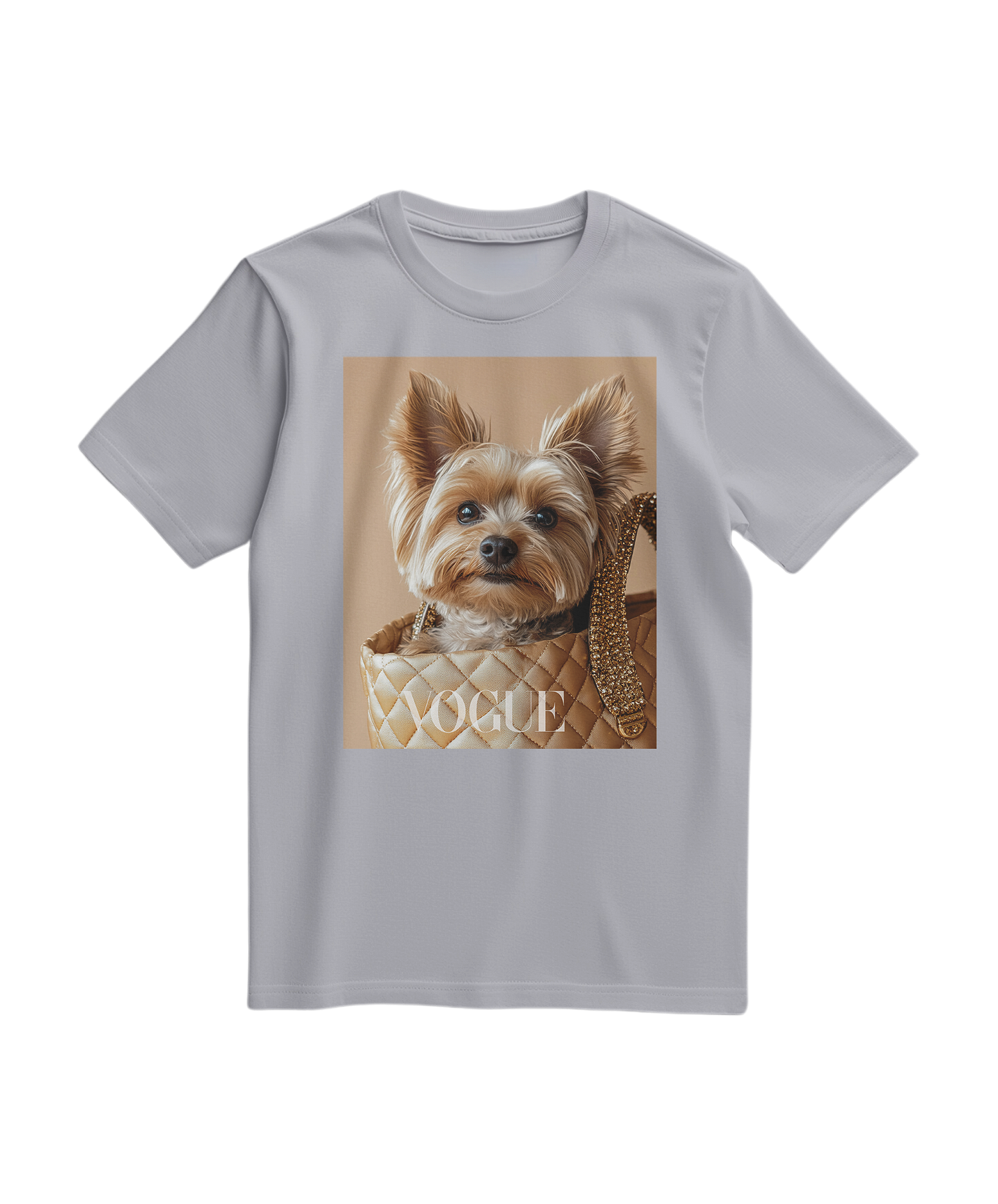 Camiseta cinza Oxford Yorkie Muse da Camalestore, tecido confortável e design com estampa de yorkshire.