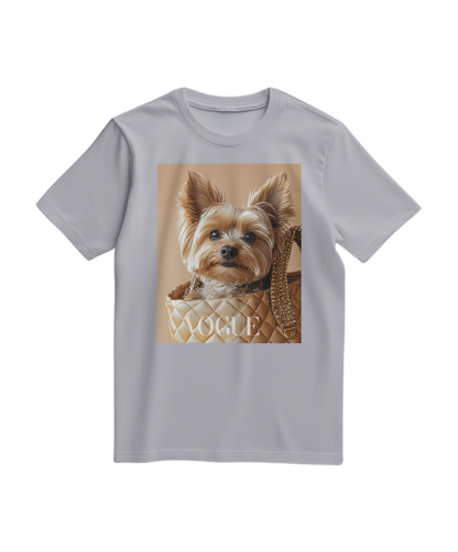Camiseta cinza Oxford Yorkie Muse da Camalestore, tecido confortável e design com estampa de yorkshire.