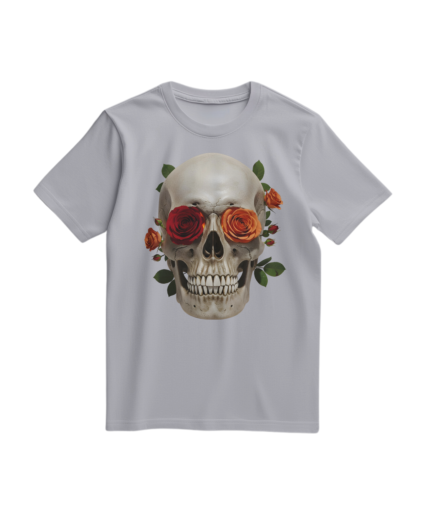 Camalestore camiseta cinza com estampa de caveira e rosa, T-shirt de estilo casual e design detalhado.