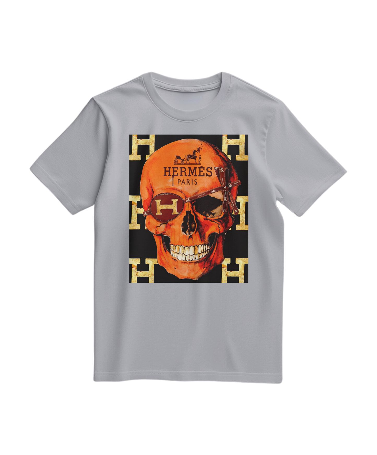 Camiseta cinza com estampa de caveira icônica, modelo T-shirt da marca Camalestore, vista frontal com detalhes de design.