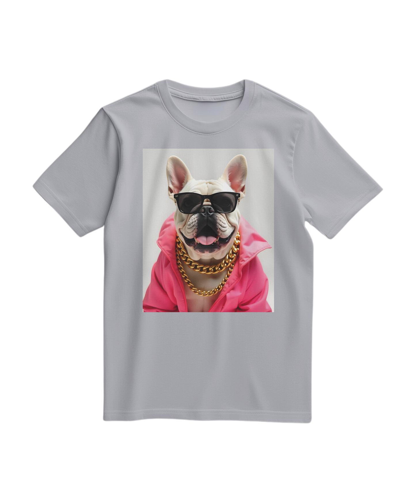 Camiseta Bulldog Azure Pop da Camalestore, camiseta cinza com estampa de cachorro Bulldog azul, em tecido Oxford.