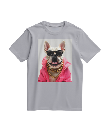 Camiseta Bulldog Azure Pop da Camalestore, camiseta cinza com estampa de cachorro Bulldog azul, em tecido Oxford.