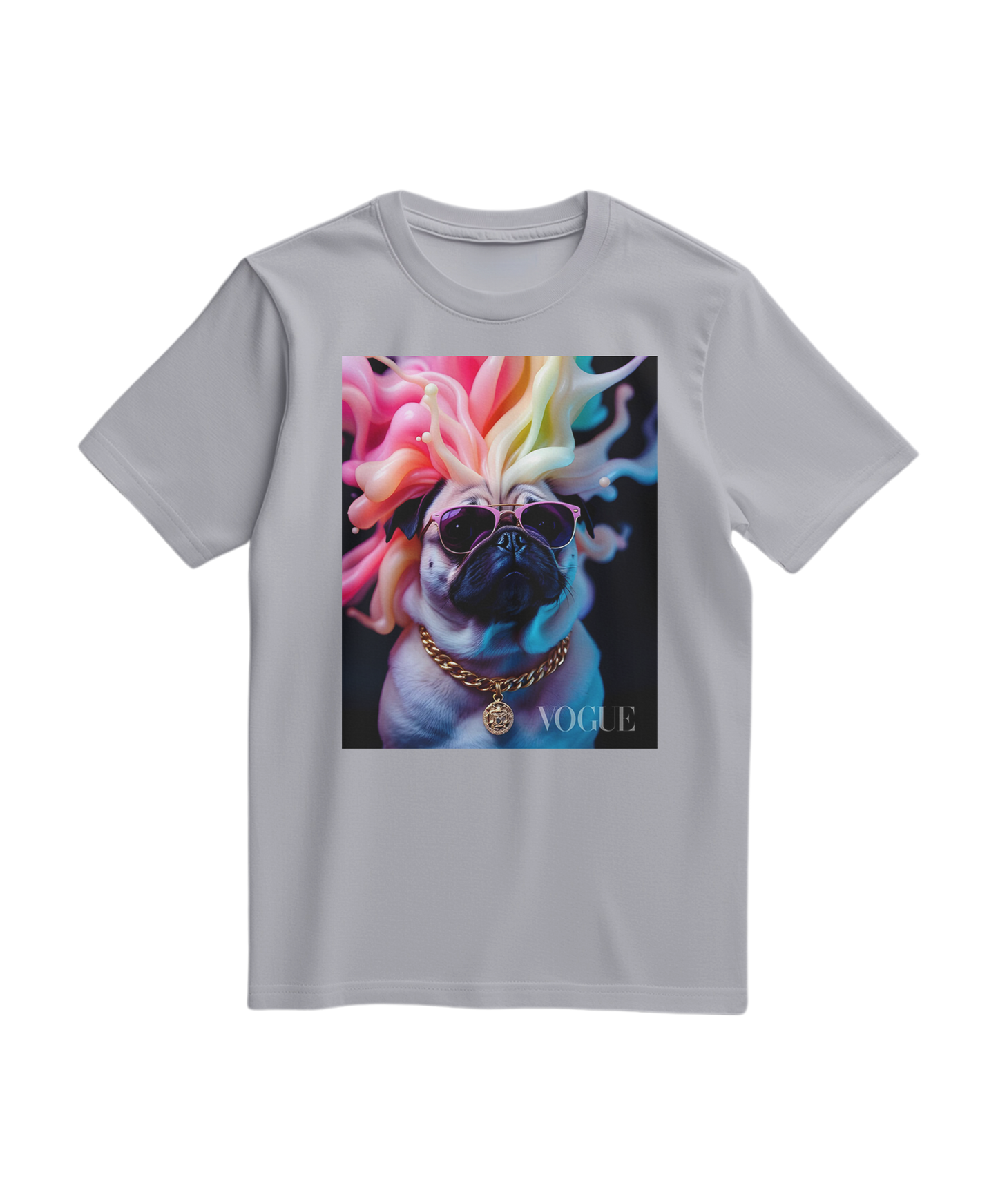 Camalestore camiseta cinza com estampa de pug chromático na frente, estilo casual e confortável, para amantes de cães.