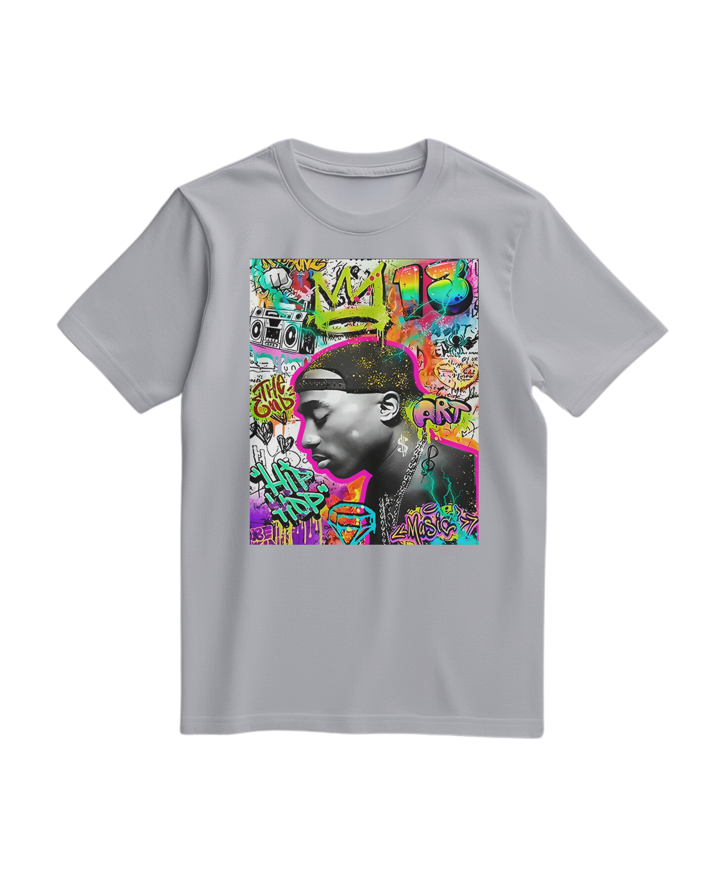 Camiseta cinza com estampa de graffiti de uma coroa, estilo casual, da marca Camalestore.