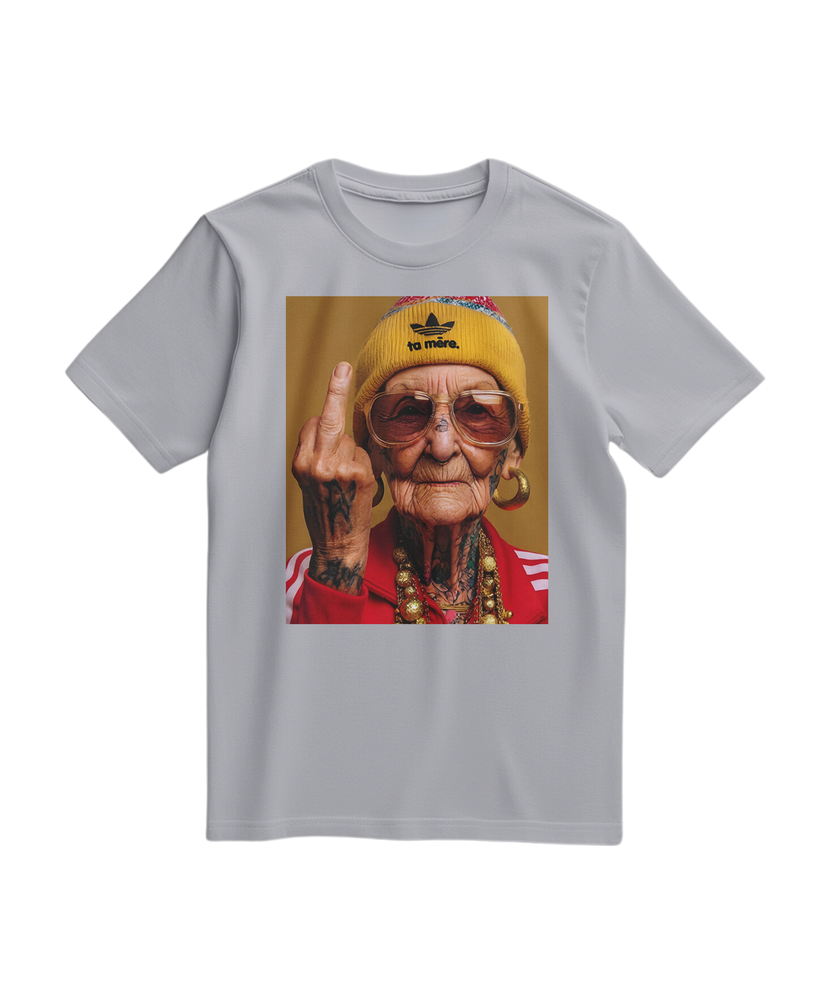 Camalestore T-shirt Ta Mère cinza, com estampa casual de manga curta e gola redonda, tecido confortável e de estilo descontraído.