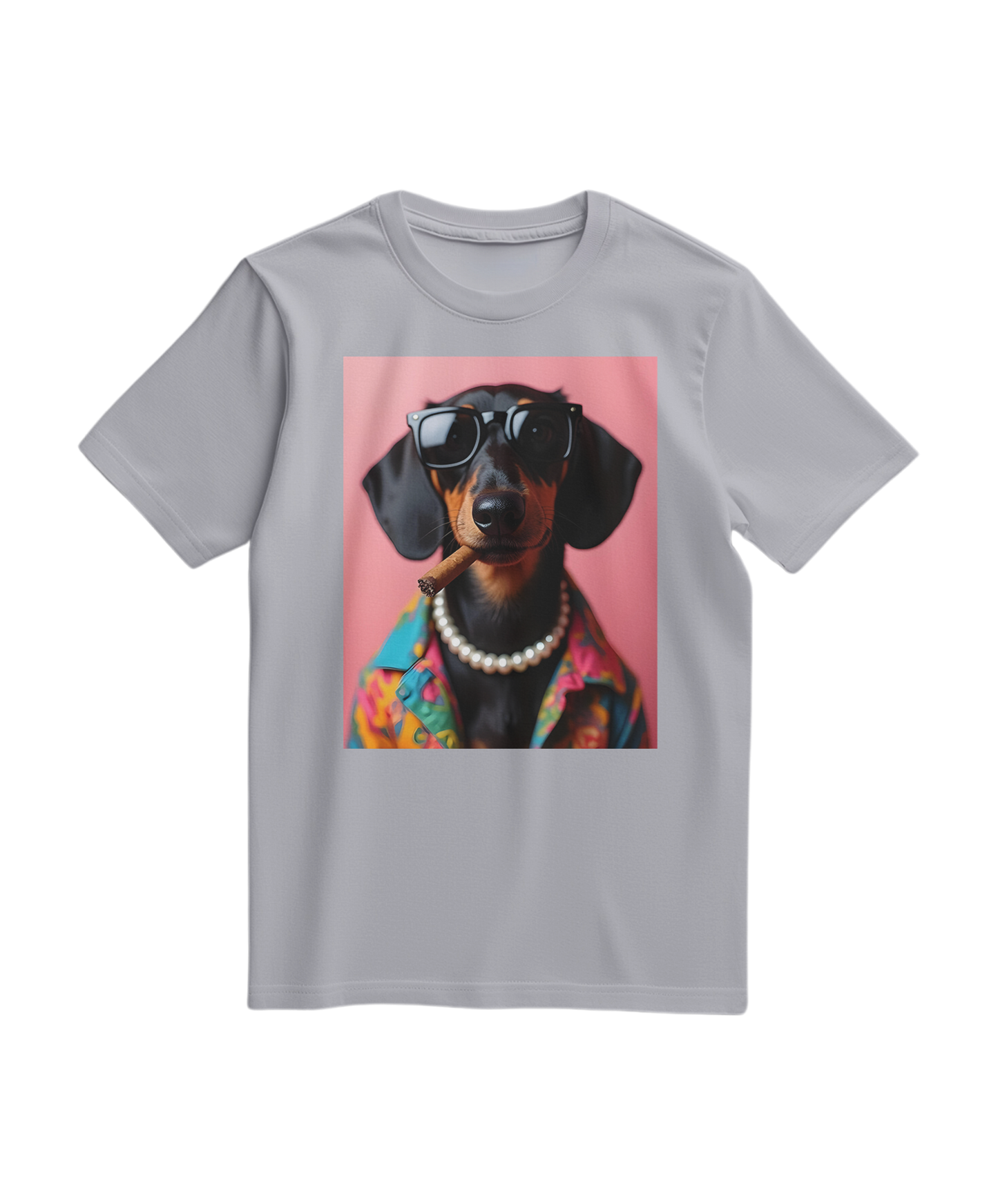 Camiseta cinza com estampa de salsicha fumando, T-shirt Smoking Dachshund da marca Camalestore, visual casual e divertido.
