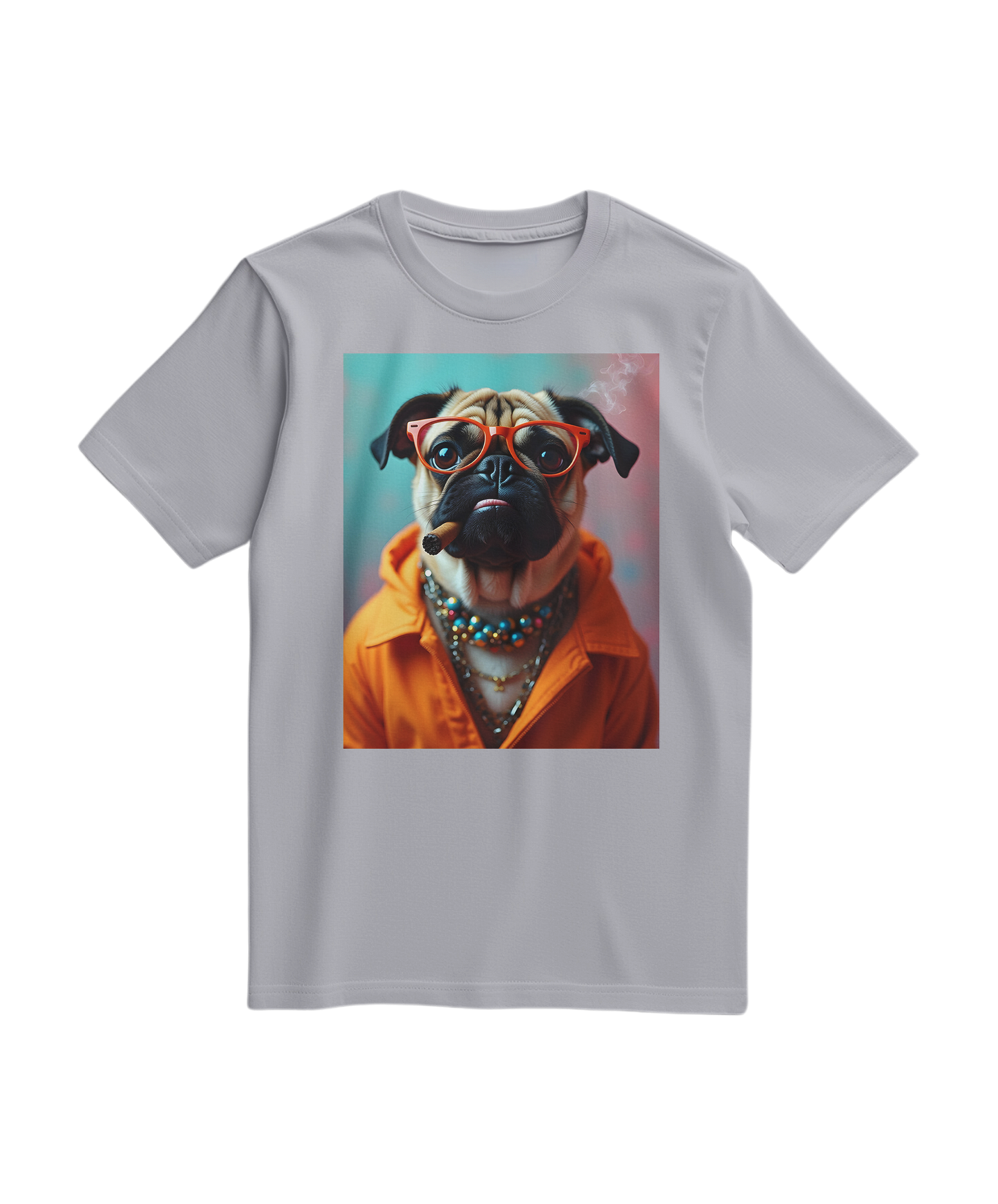 Camiseta laranja Pug Rebel da Camalestore, com estampa de pug e detalhes coloridos, vista frontal em tecido leve.