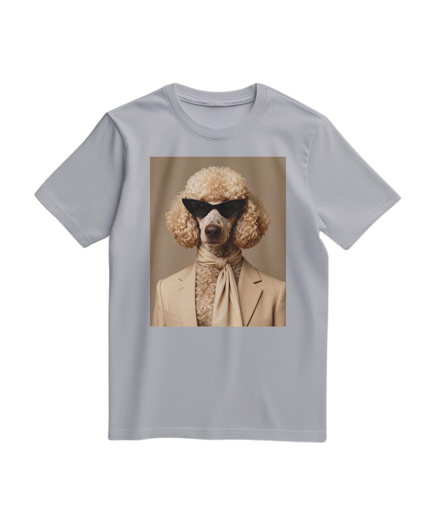 Camiseta Cinza Poodle Tailor da Camalestore, T-shirt de algodão com estampa de poodle e detalhes elegantes.