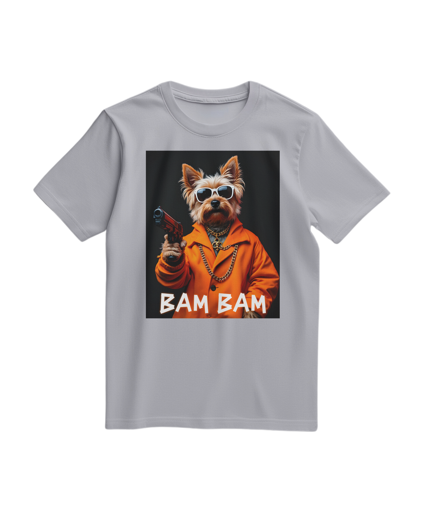 Camalestore T-shirt Bam Bam Gangster cinza com estampa frontal, tecido de algodão confortável e estilo casual.