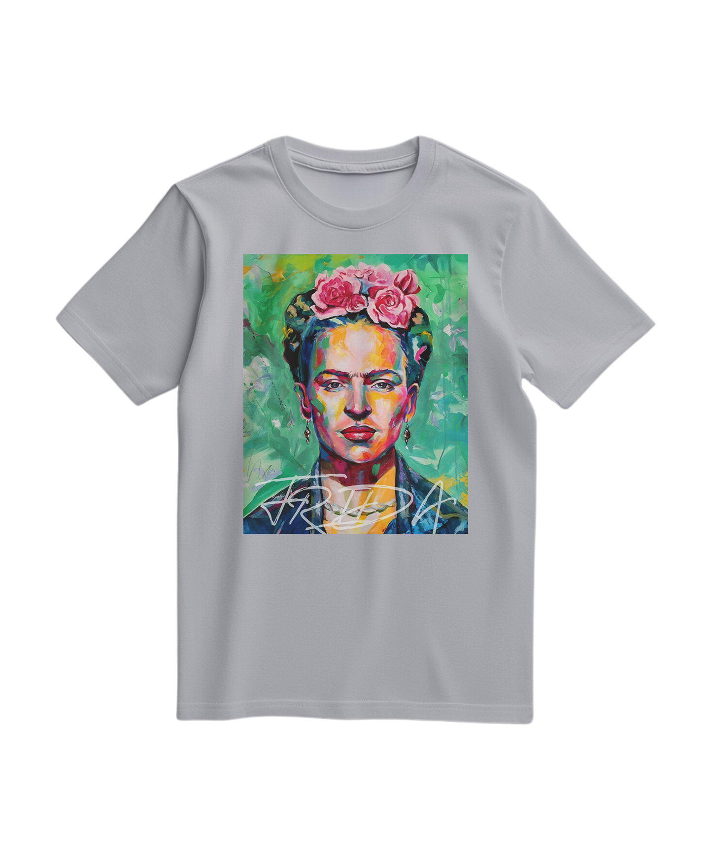 Camiseta cinza Kahlo Chromatic da Camalestore, camiseta de algodão com design artístico e estampa colorida.