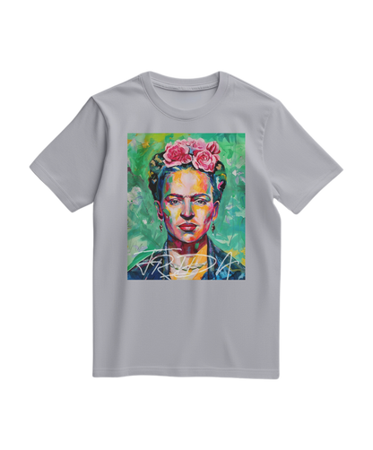Camiseta cinza Kahlo Chromatic da Camalestore, camiseta de algodão com design artístico e estampa colorida.