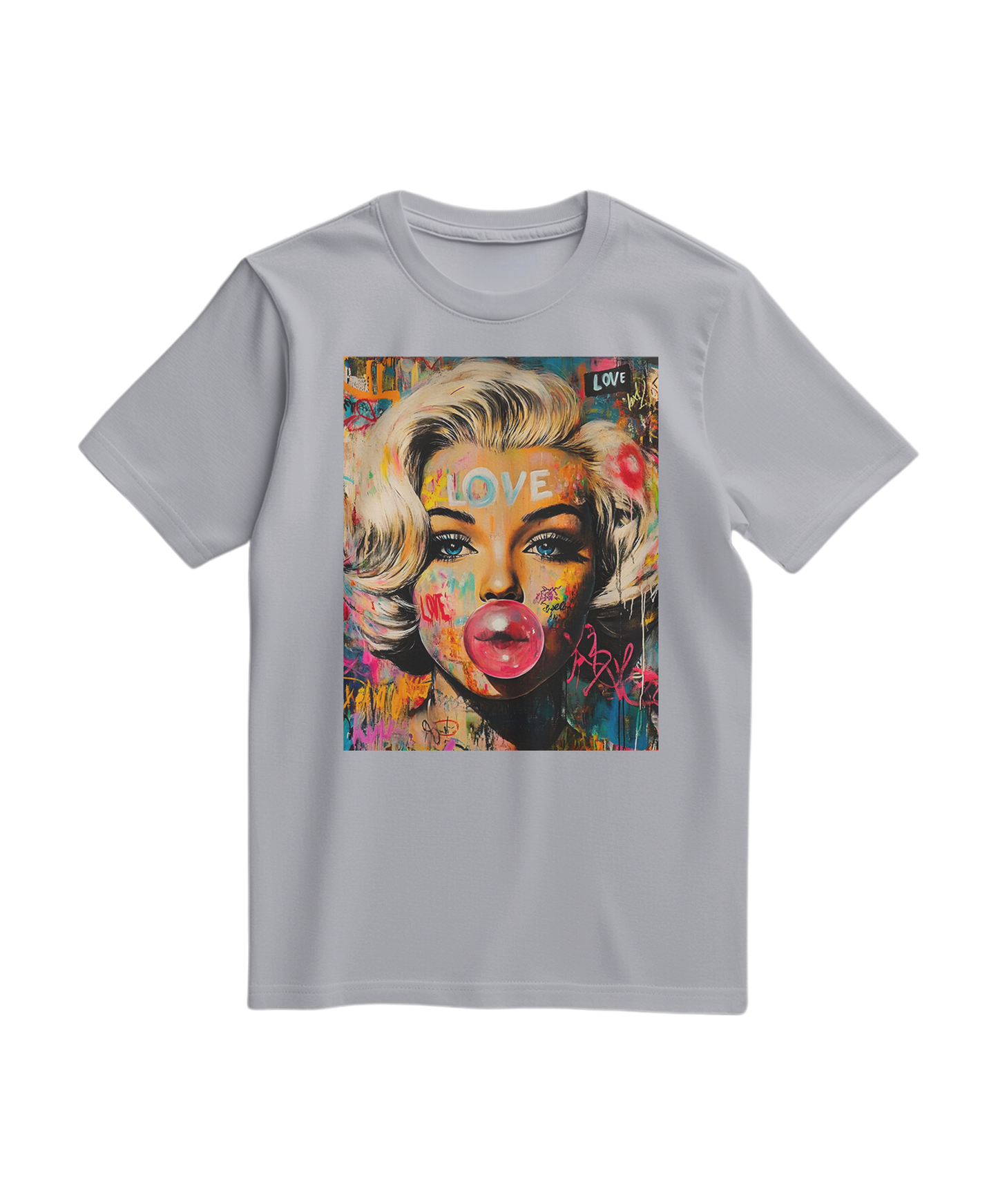 Camiseta cinza Marilyn Pop Rebel da Camalestore, t-shirt casual com estampa estilizada, vista frontal em fundo branco.