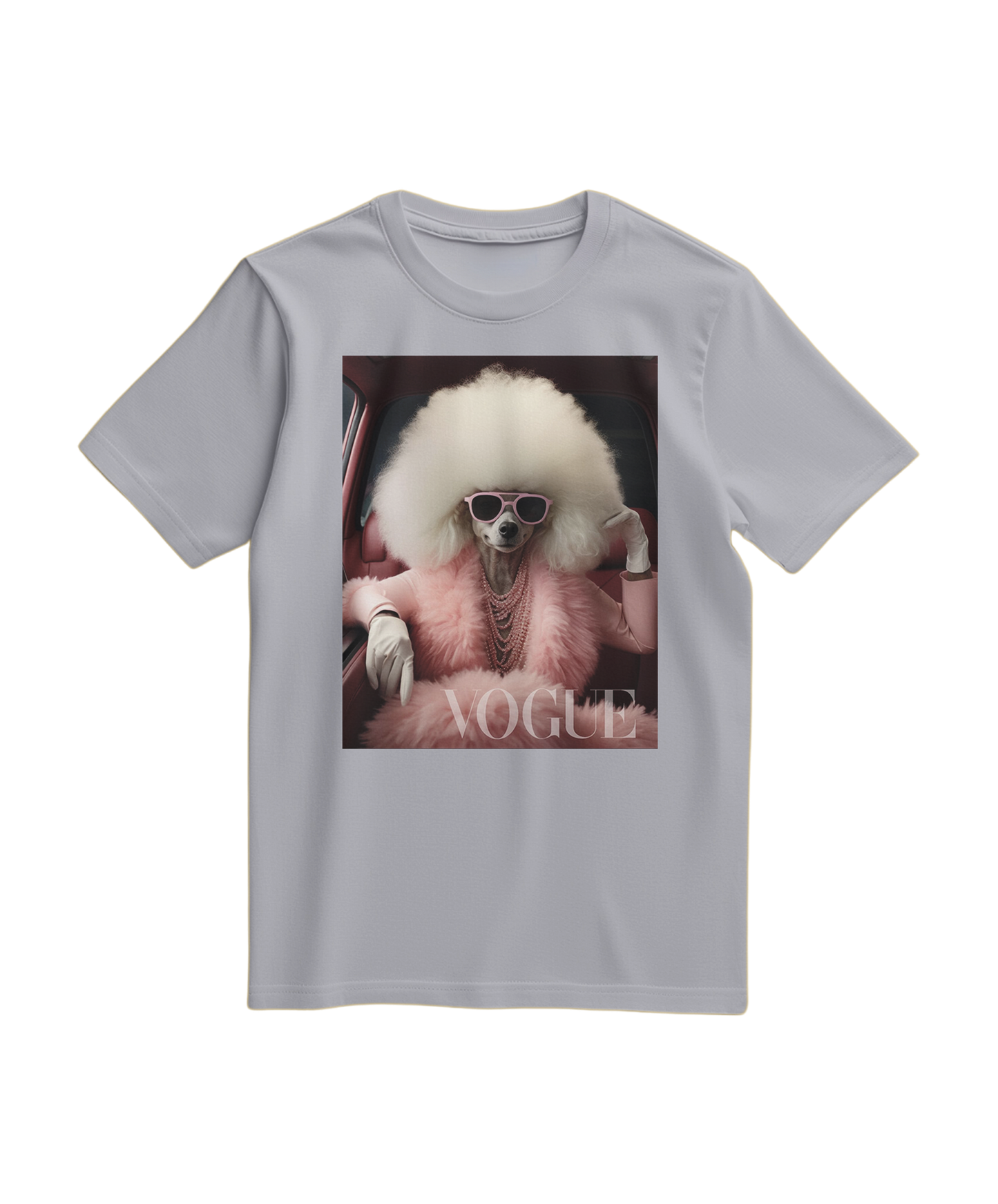 Camiseta cinza com estampa de poodle glam da Camalestore, tecido de algodão confortável, modelo casual para mulher.