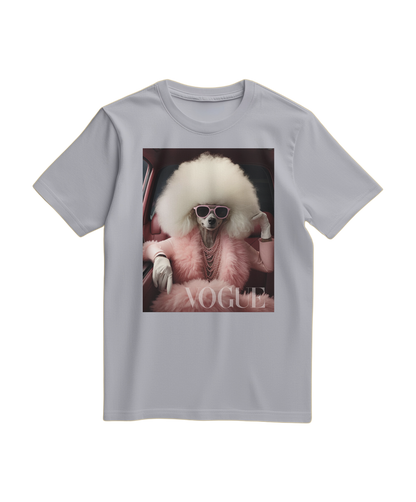 Camiseta cinza com estampa de poodle glam da Camalestore, tecido de algodão confortável, modelo casual para mulher.