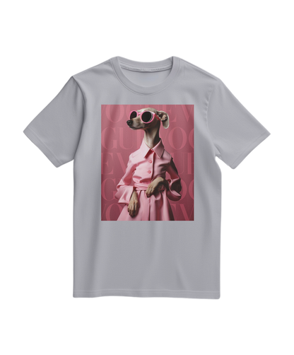 Camalestore T-shirt Skinny Pinky cinza com gola redonda e detalhes em branco, tecido de algodão confortável.