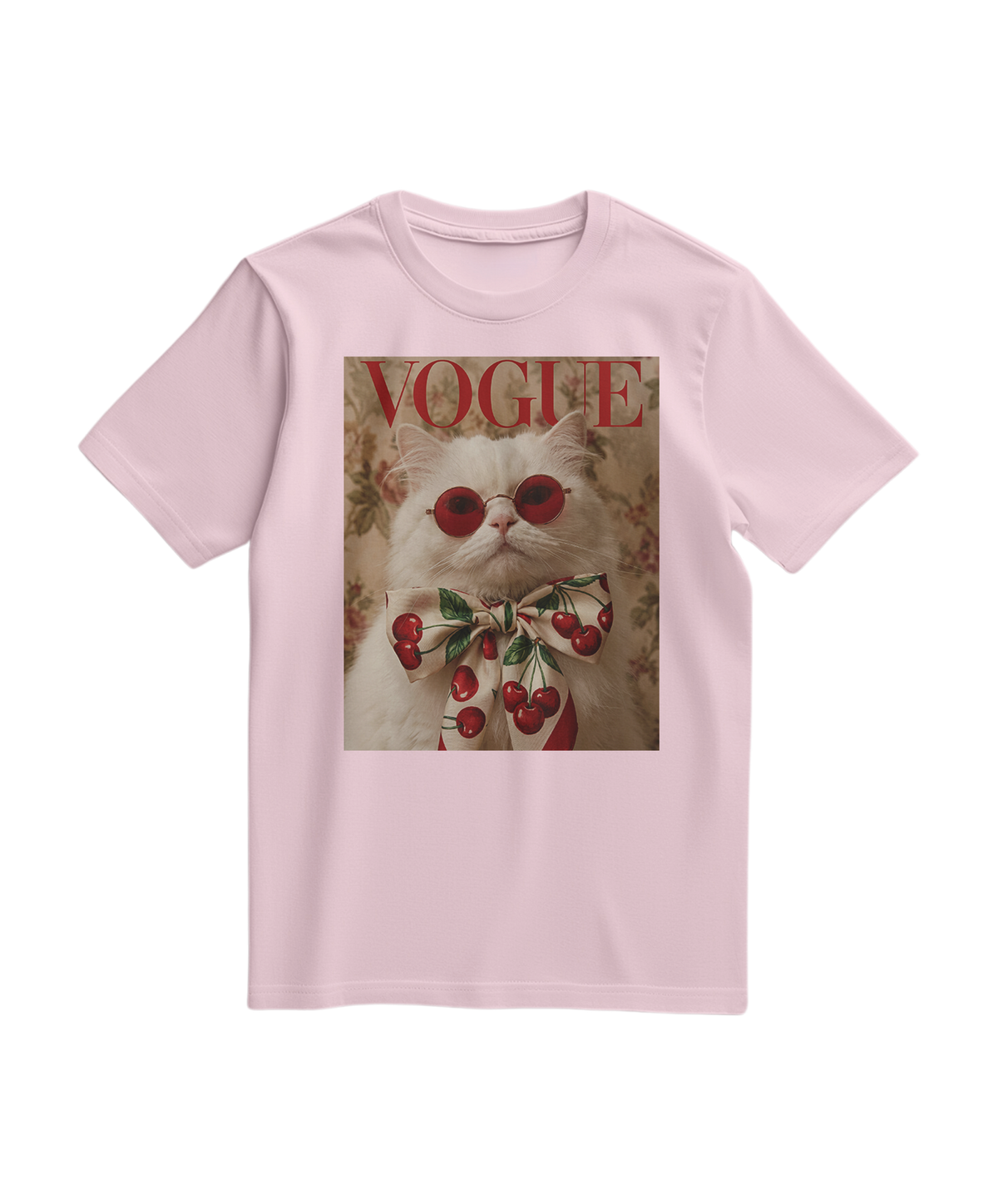 Camalestore T-shirt Velvet Cherry rosa claro, tecido macio, com estampa de cereja, modelo casual e confortável.