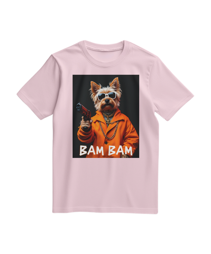 Camiseta rosa claro Bam Bam Gangster da Camalestore, com estampa gráfica na frente e corte confortável.
