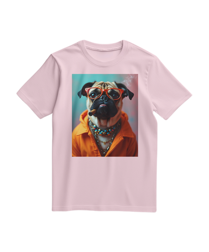 Camiseta laranja com estampa de pug rebel, camiseta casual da marca Camalestore, vista frontal com design colorido.