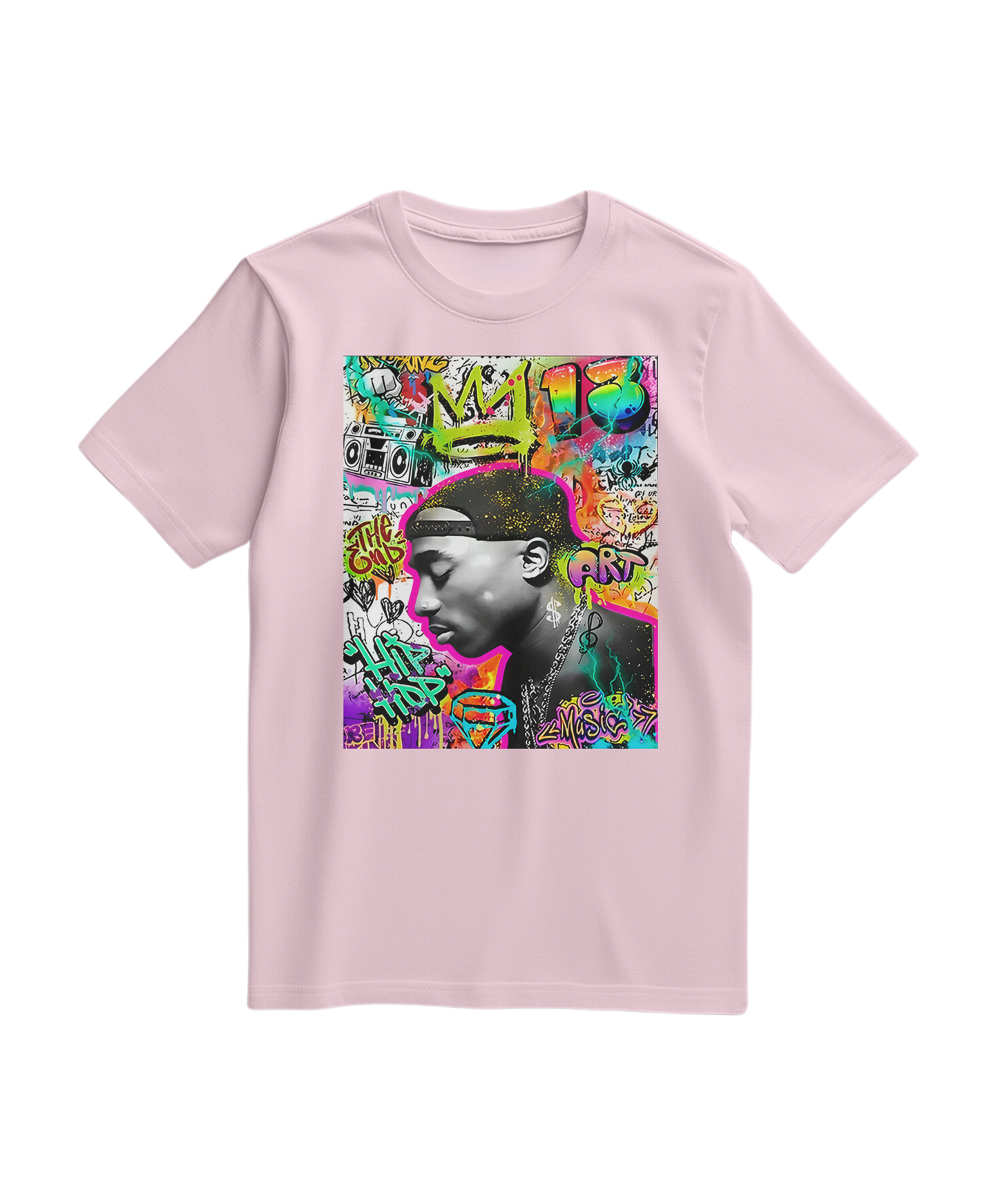 Camiseta rosa claro com estampa de graffiti e coroa, produto da marca Camalestore, vista frontal.