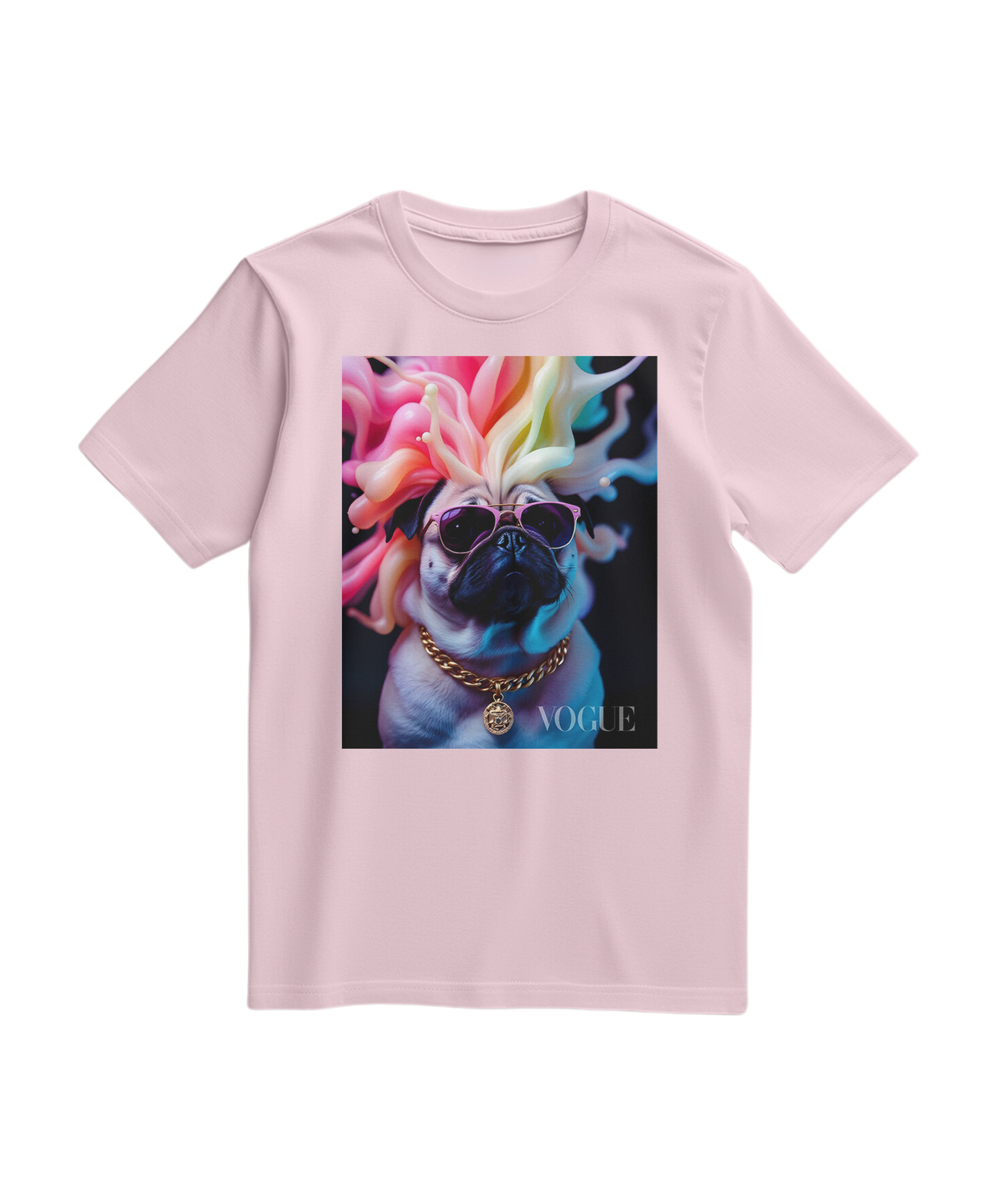 Camiseta Pug Chromatic Elite da Camalestore em cor rosa claro, com estampa de pug colorido na frente.