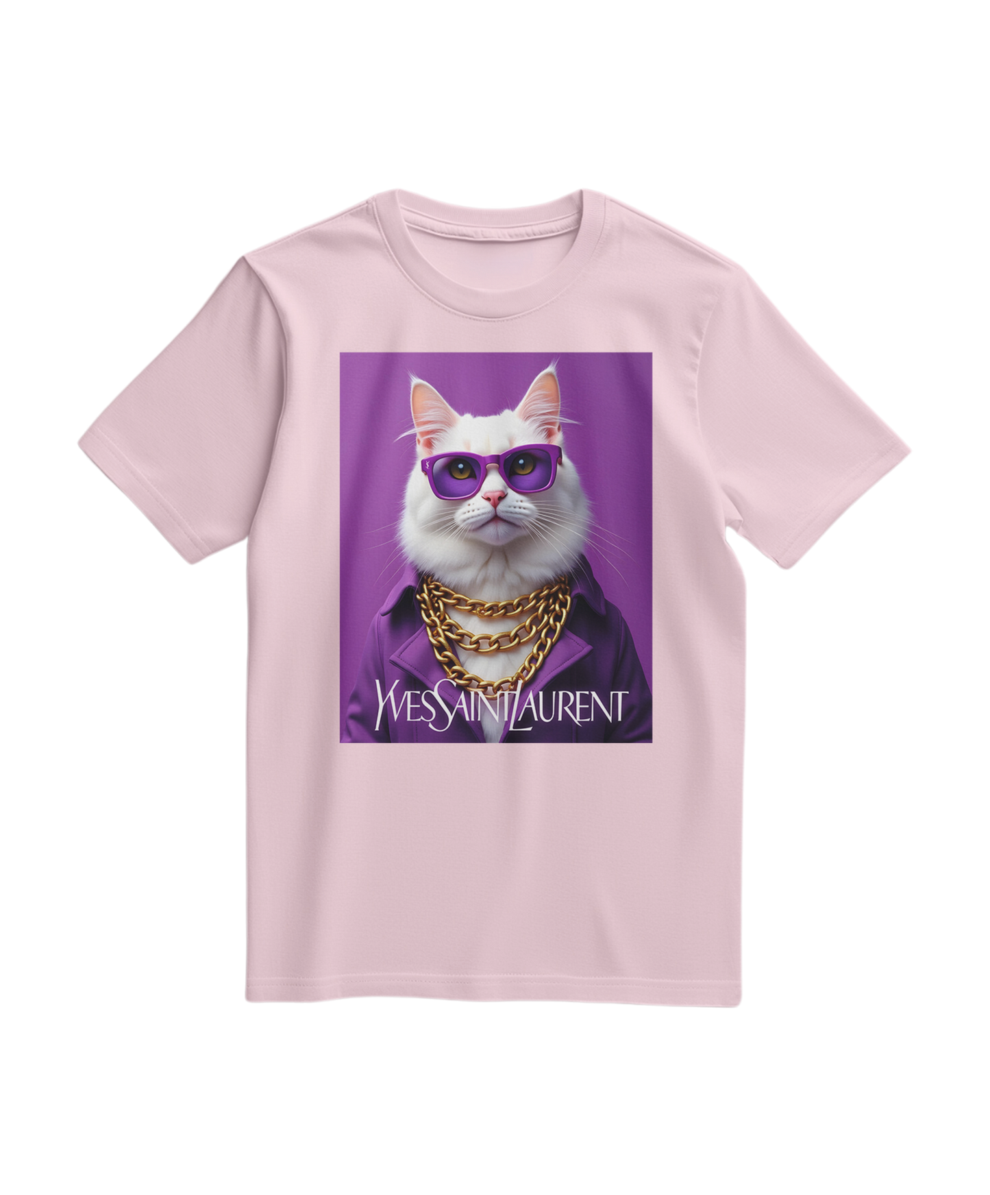 Camiseta Feline Drip da Camalestore em rosa claro, com estampa de gatinhos e detalhes de gotas de tinta na frente.