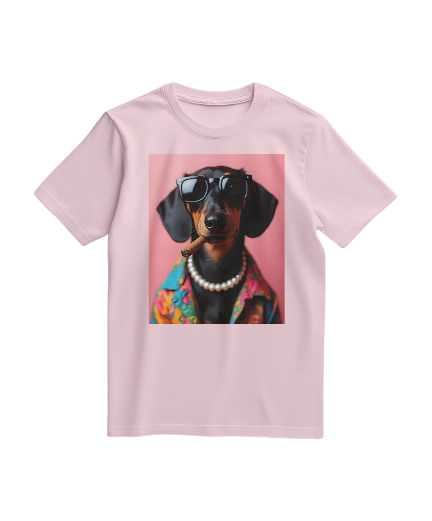 Camiseta rosa clara com estampa de Dachshund fumando, feita pela marca Camalestore, vista em fundo branco