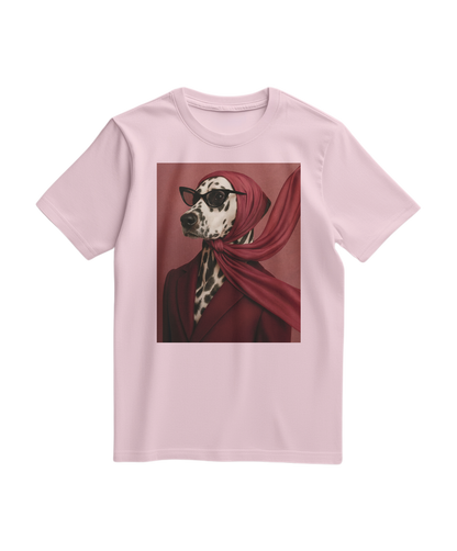 Camiseta Spot Luxe da Camalestore em rosa claro, com estampa de pontos brancos, veste casual e confortável.