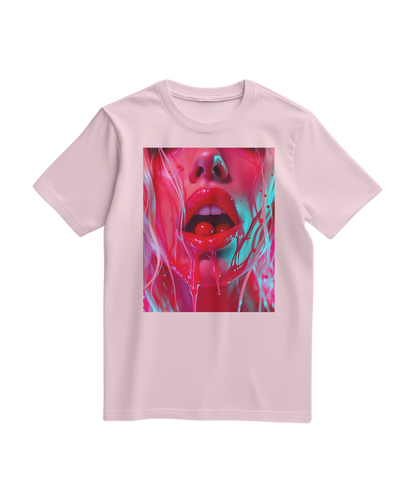 Camiseta Cherry Glaze da Camalestore em rosa claro com estampa de cereja e detalhes delicados, vista frontal.