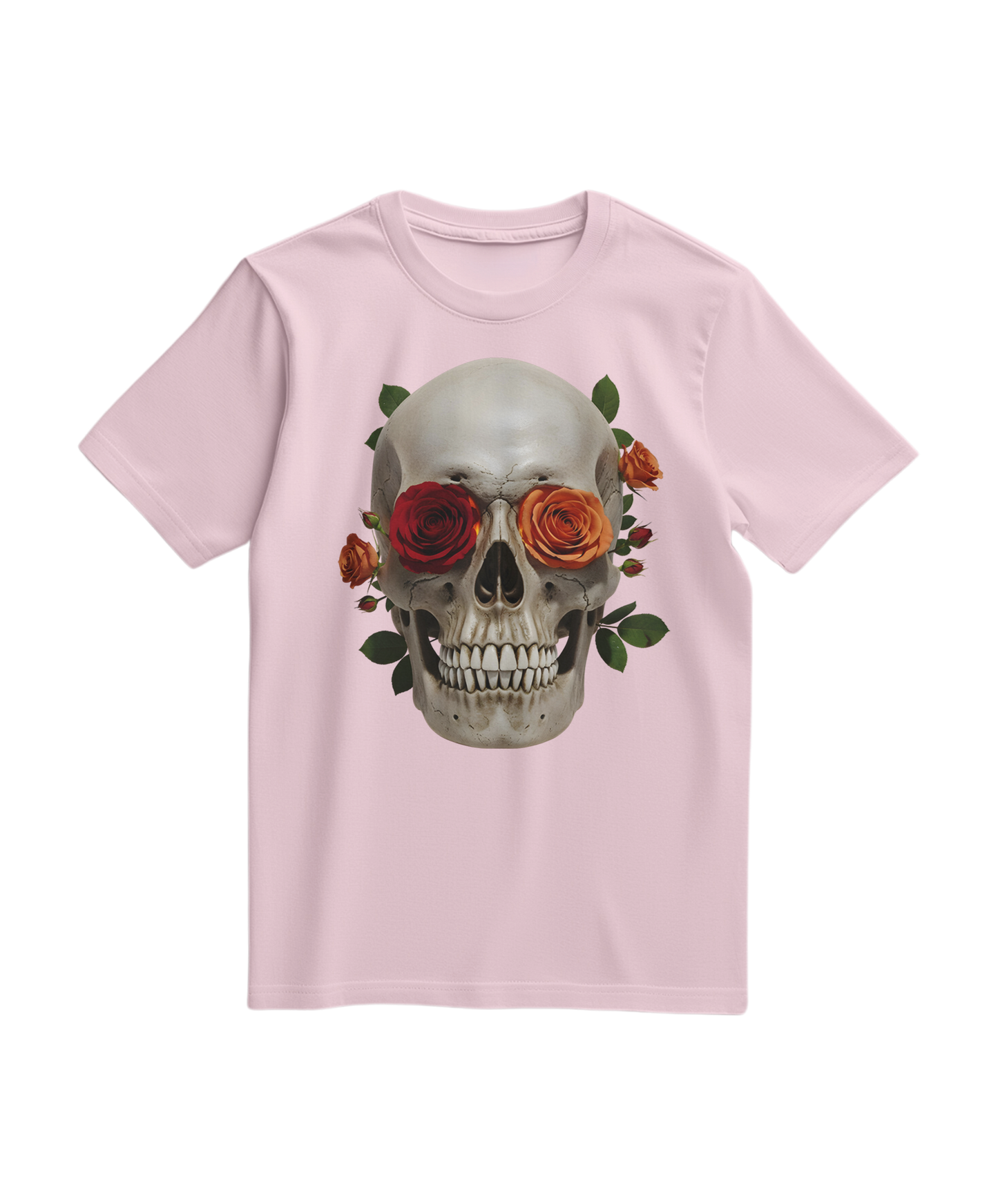 Camalestore camiseta rosa claro com estampa de caveira e rosa, estilo casual e moderno, tecido confortável para o dia a dia