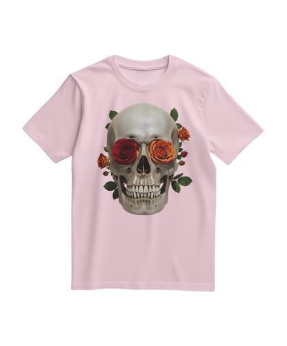 Camalestore camiseta rosa claro com estampa de caveira e rosa, estilo casual e moderno, tecido confortável para o dia a dia