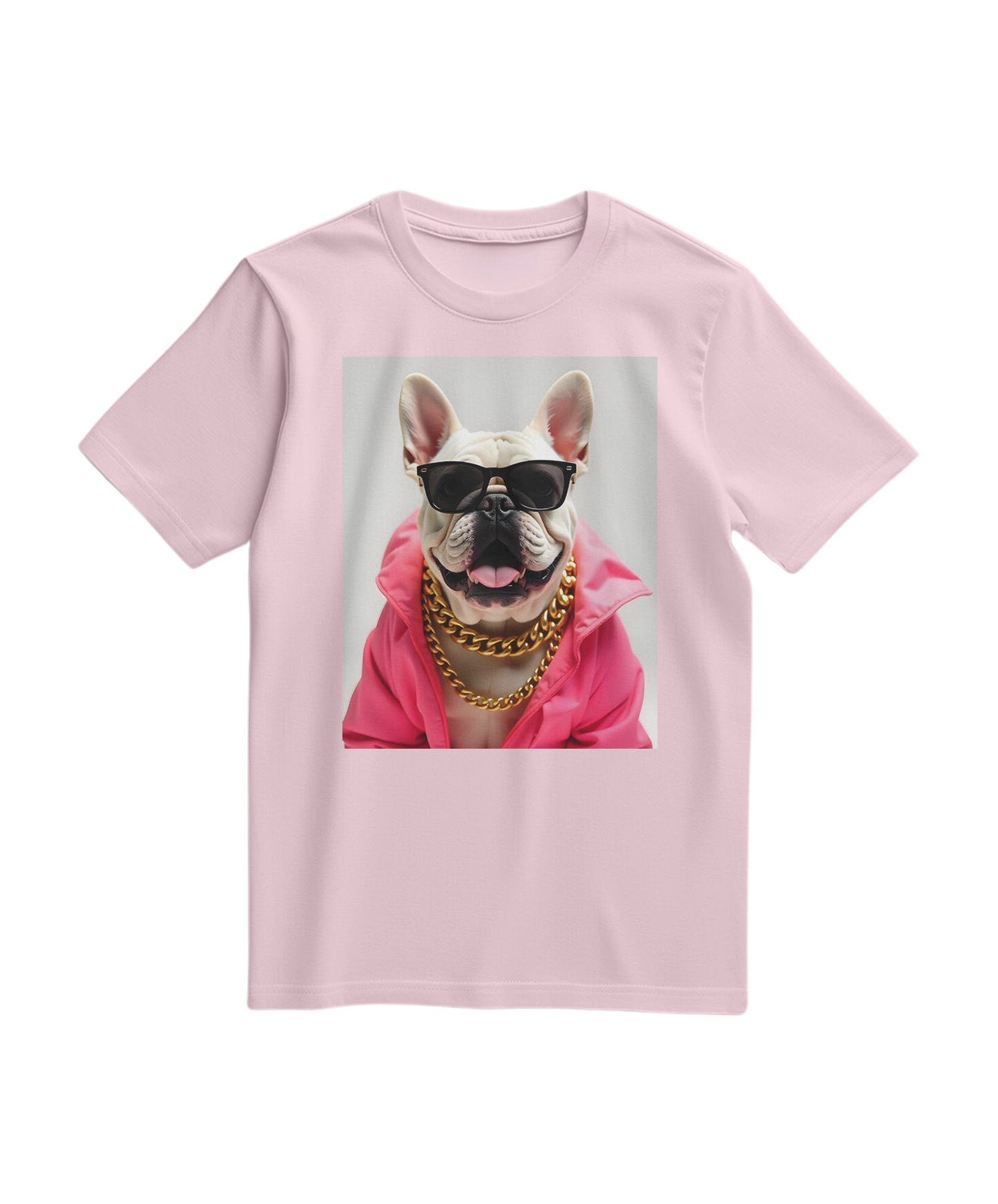 Camiseta Bulldog Azure Pop da Camalestore, t-shirt rosa claro com estampa de cachorro bulldog na frente.