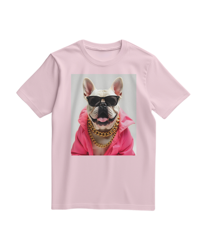 Camiseta Bulldog Azure Pop da Camalestore, t-shirt rosa claro com estampa de cachorro bulldog na frente.
