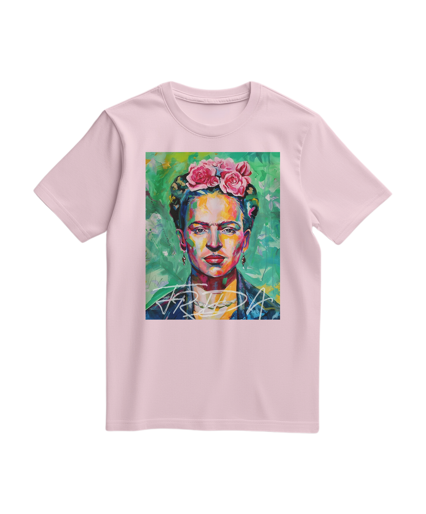 Camalestore T-shirt Kahlo Chromatic rosa claro com estampa artística, tecido confortável e design moderno.
