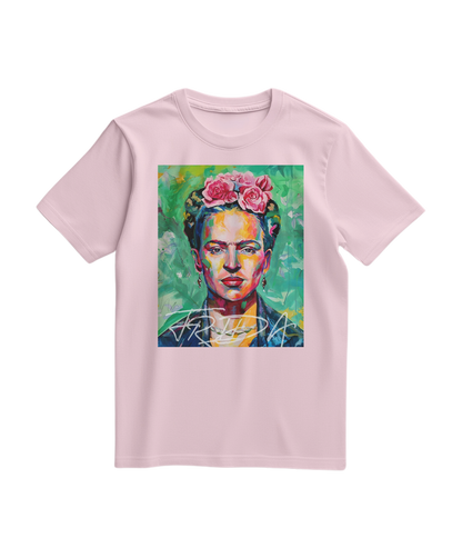 Camalestore T-shirt Kahlo Chromatic rosa claro com estampa artística, tecido confortável e design moderno.