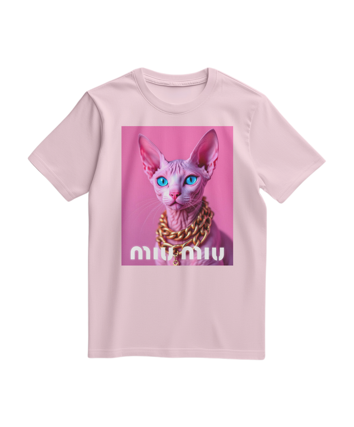 Camiseta rosa claro com estampa de esfinge dourada, estilo casual, feita pela marca Camalestore.