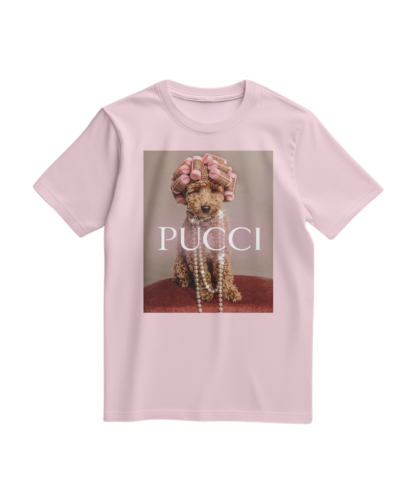 Camiseta Poo Glam rosa claro da Camalestore, camiseta de algodão com estampa divertida, vista frontal.