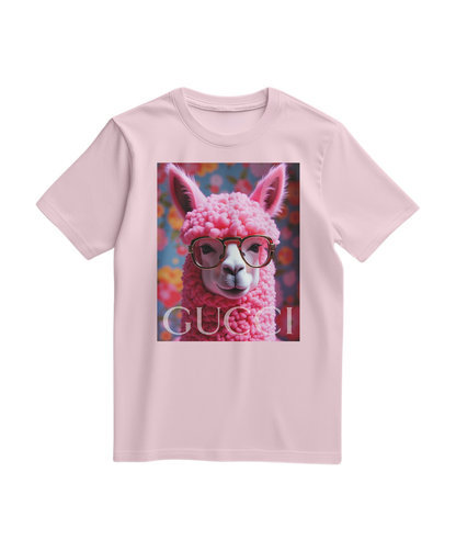 T-shirt rosa claro da Camalestore com ícone de alpaca estampado na frente, tecido confortável e estilo casual.