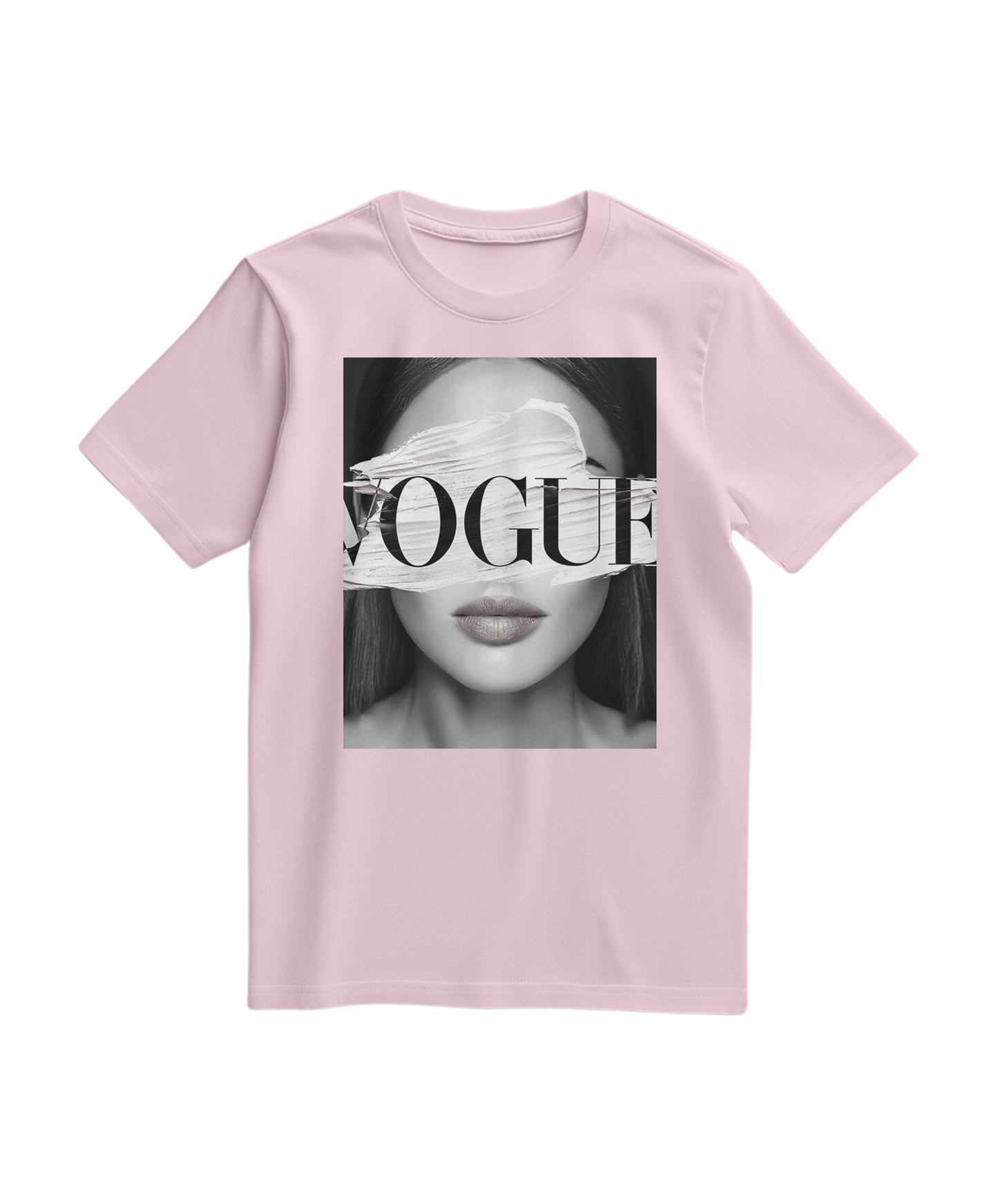 Camiseta cor rosa claro com estampa de olhos V, feita pela Camalestore, vista frontal em modelo vestindo a peça.